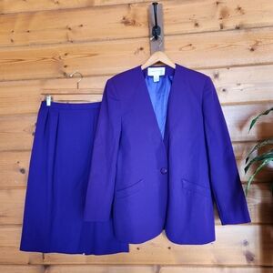 Jones New York Vintage 2 Pc Skirt Suit Set Blazer 100% Worsted Wool Purple Sz 10